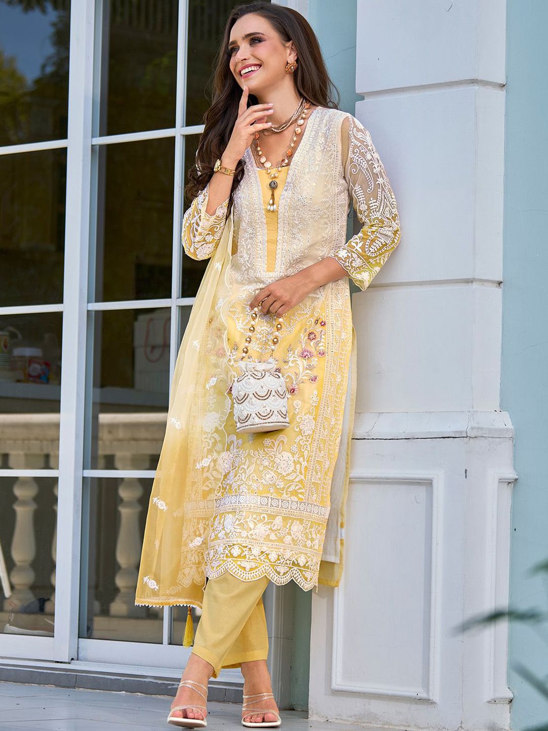 Floral Embroidered Sequinned Straight Organza Kurta With Trousers And Dupatta