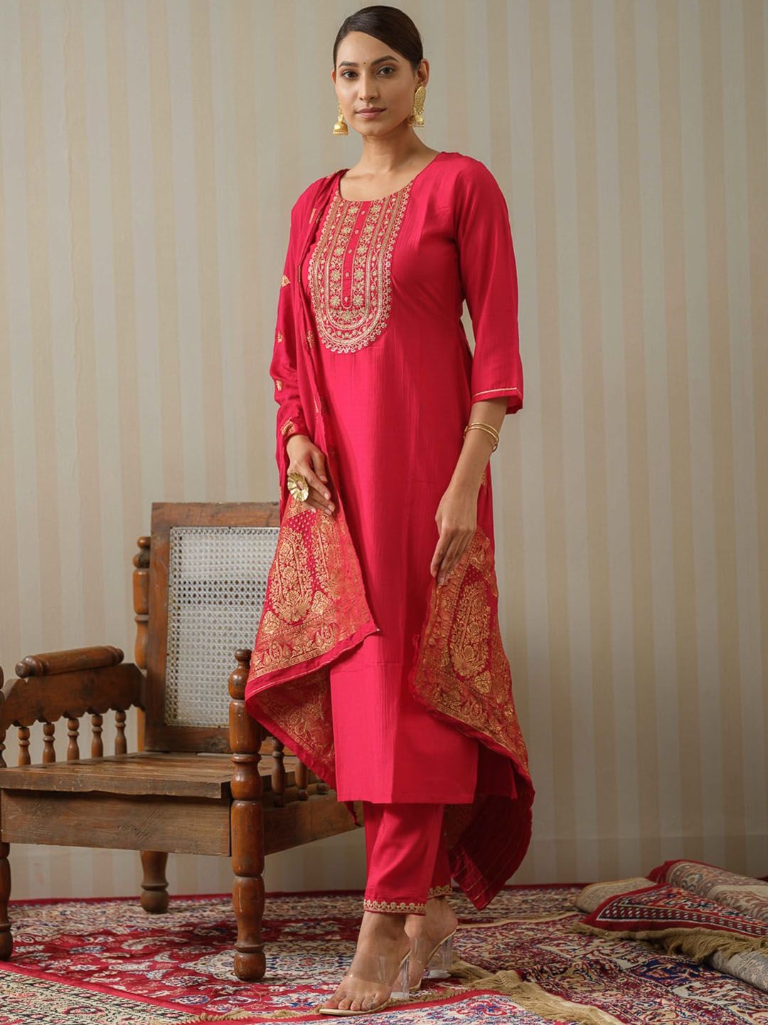 Dhiyona OD  Pink Ethnic Motifs Straight Kurta & Trousers With Dupatta
