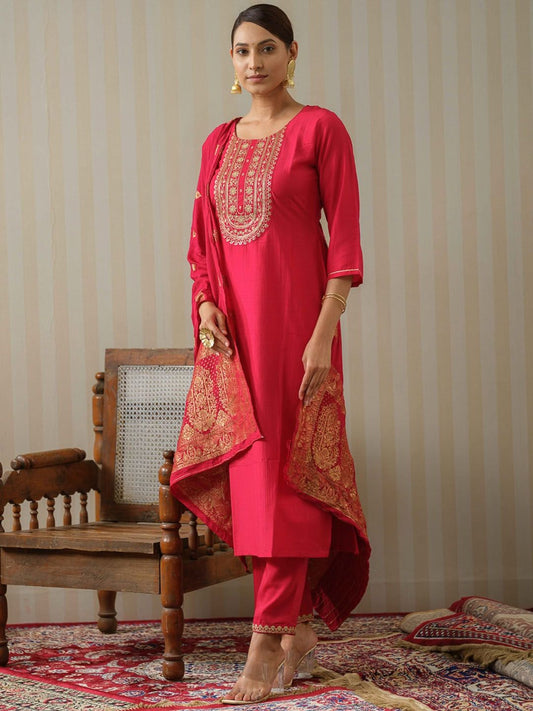 Dhiyona OD  Pink Ethnic Motifs Straight Kurta & Trousers With Dupatta
