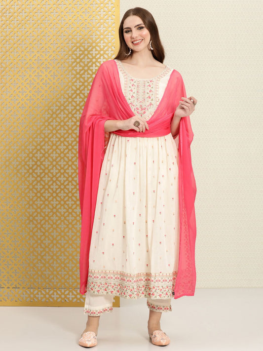 Dhiyona PD Women Women Floral Embroidered Pure Cotton Jashn Kurta With Trousers & Dupatta