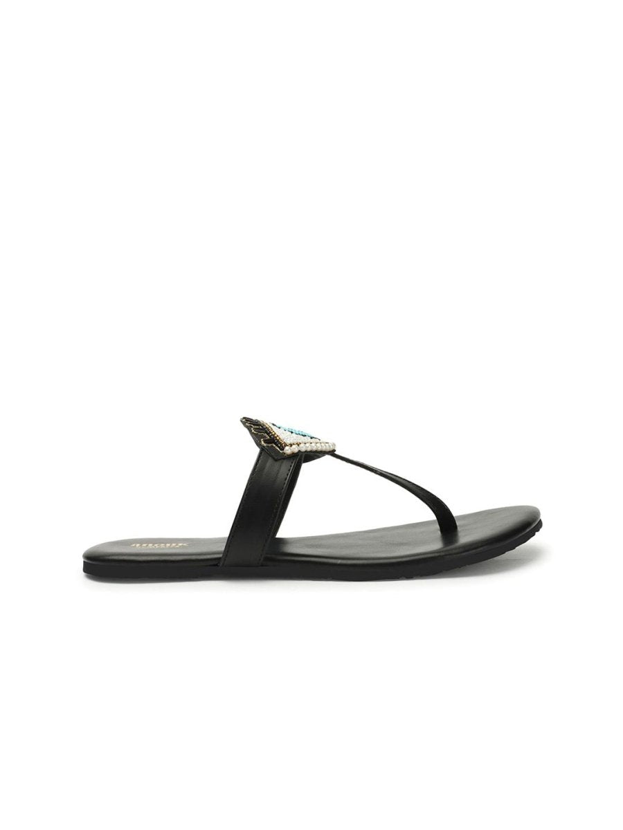 Dhiyona AK Black & Blue Evil Eye Embellished Classic T-Strap Flats