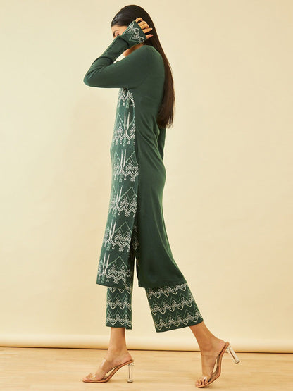 Dhiyona SO Women's Ethnic Motifs Woven Designed Acrylic Regular Kurta With Trousers
