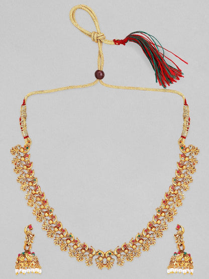 Dhiyona RJ Women's 22K Gold-Plated Ruby Red & Emerald Green Studded Temple Necklace Jewelry Set
