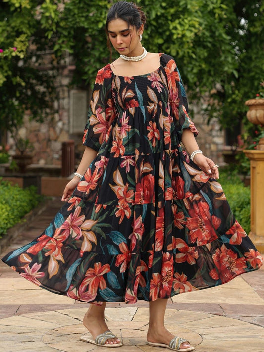 Dhiyona AY Women's Floral Print Puff Sleeve Georgette Fit & Flare Midi Dress