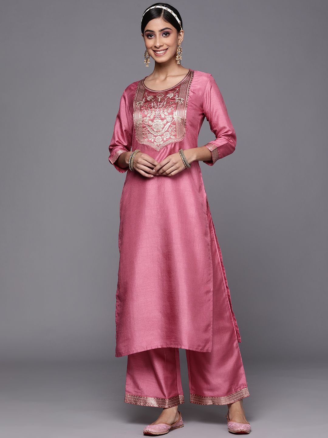 Women Pink Ethnic Motifs Yoke Design Kurta with Palazzos