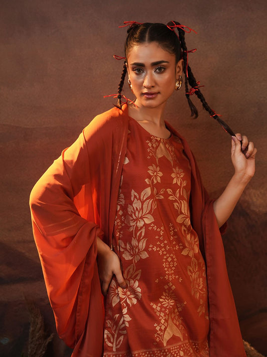 Dhiyona IS Women's Floral Printed Round Neck Three-Quarter Sleeves Kurti with Sharara & With Dupatta