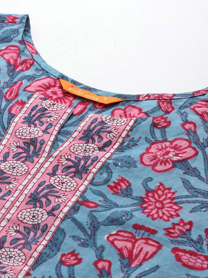 Floral Printed Pure Cotton Kurta with Trousers & With Dupatta