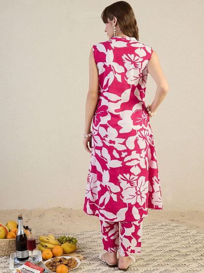 Dhiyona IE Printed Pure Cotton Mandarin Collar Top With Trousers Co-Ords