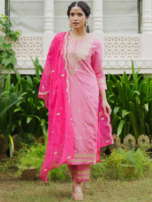Dhiyona IE Ethnic Motifs Embroidered Thread Work Kurta with Trousers & Dupatta