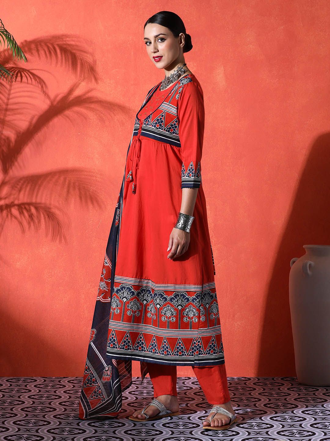 Dhiyona SN Women's Floral Embroidered 100% Cotton Round Neck Kurta & Trousers With Dupatta