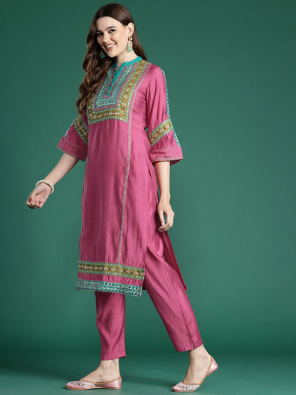 Dhiyona IE Ethnic Motifs Embroidered Panelled Mirror Work Kurta With Trousers & Dupatta