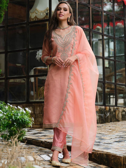 Dhiyona IE Floral Yoke Design Notch Neck Straight Kurta With Trousers & Dupatta