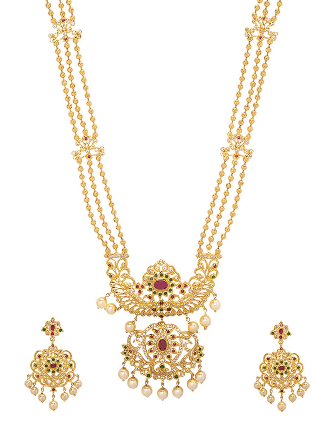 Dhiyona RJ Women's 22K Gold-Plated Ruby & CZ Studded Multistand Jewellery Set with Pearl Accents