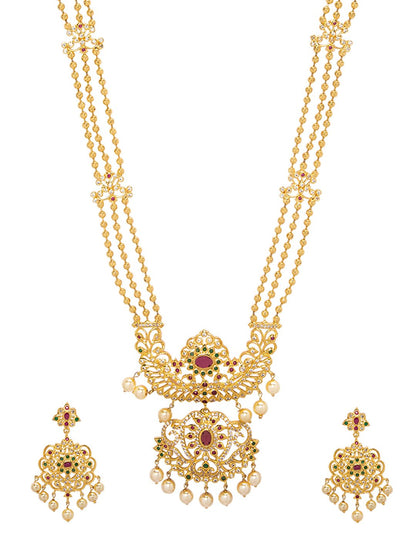 Dhiyona RJ Women's 22K Gold-Plated Ruby & CZ Studded Multistand Jewellery Set with Pearl Accents