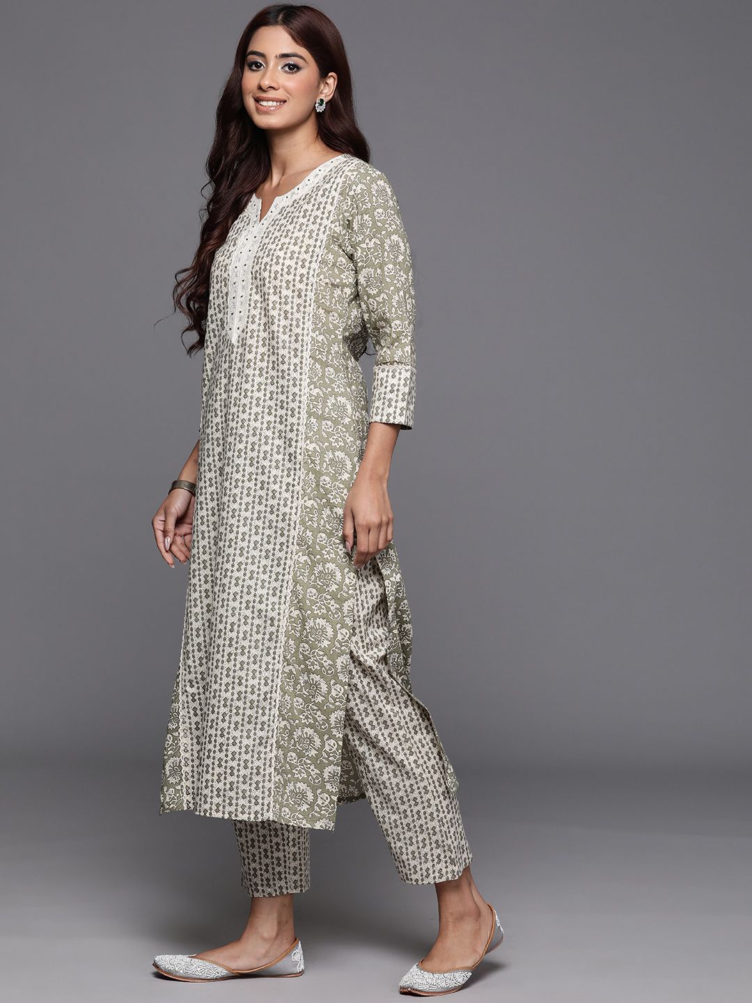 Dhiyona VA Women'sFloral Printed Pure Cotton Anarkali Kurta with Trousers