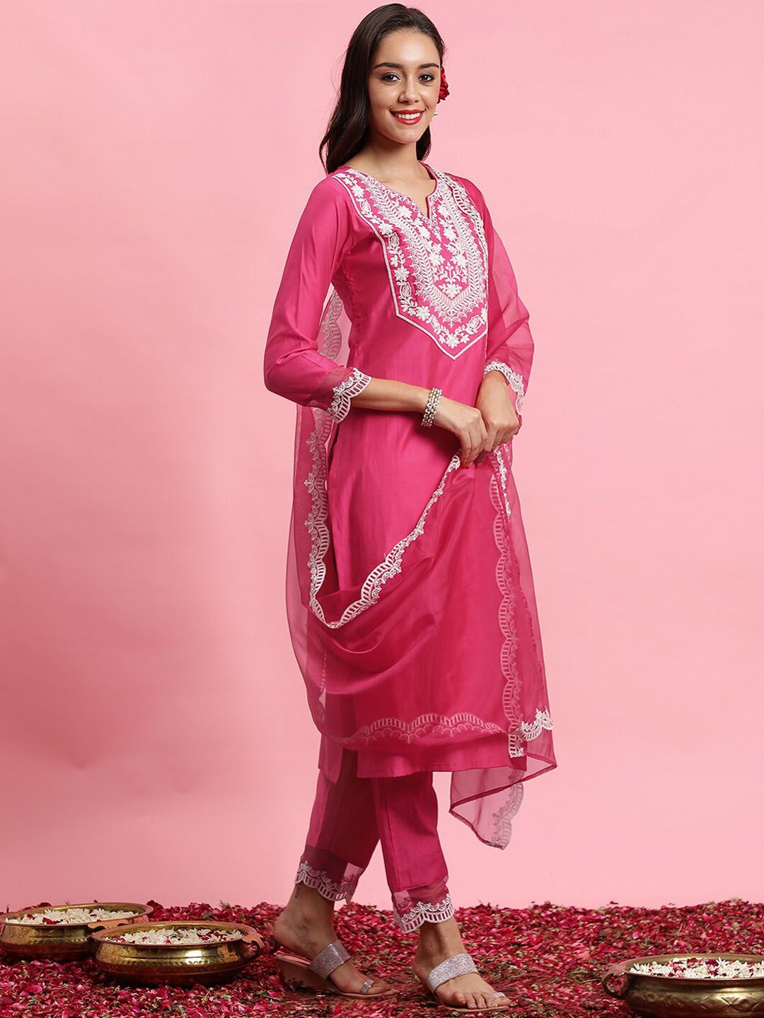 Floral Embroidered Yoke Design Kurta With Trousers & Dupatta