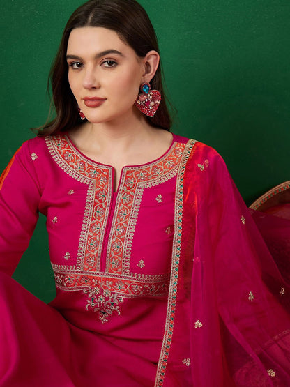 Dhiyona SN Women's Notch Neck Embroidered Straight Kurta With Trouser & Dupatta Set