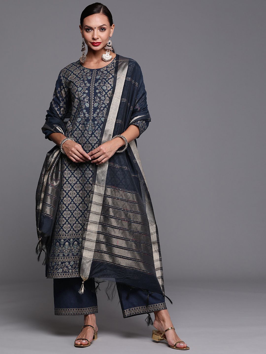 Dhiyona IE Women Navy Blue Ethnic Motifs Foil Print Sequinned Kurta with Palazzos & Dupatta