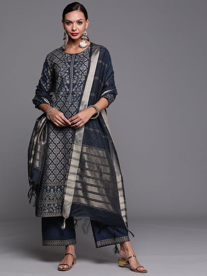 Women Navy Blue Ethnic Motifs Foil Print Sequinned Kurta with Palazzos & Dupatta