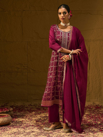 Dhiyona IE Floral Embroidered Straight Kurta With Trousers And Dupatta