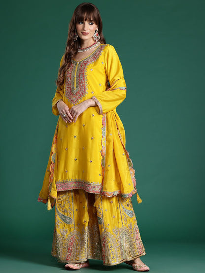 Dhiyona IE Paisley Embroidered Sequinned Kurta with Palazzos & With Dupatta