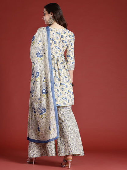 Dhiyona IE Floral Printed Empire Pure Cotton Kurta with Sharara & With Dupatta