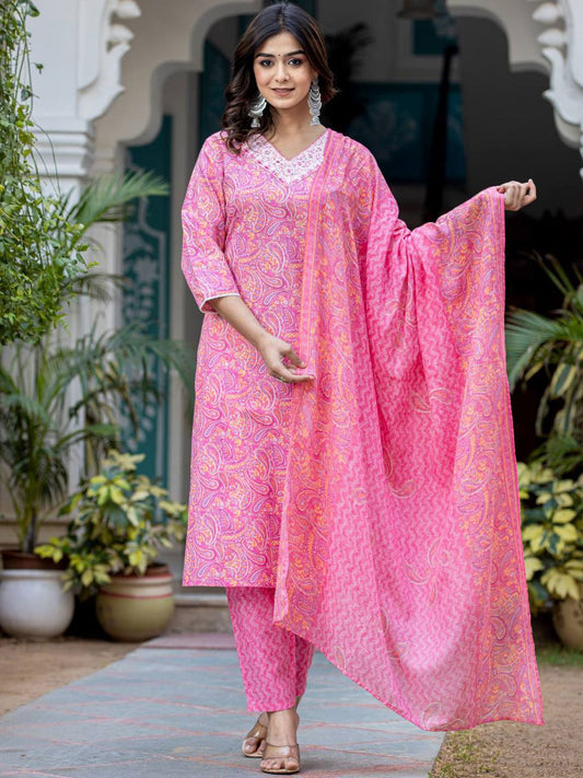 Dhiyona VA Women'sPaisley Printed Regular Thread Work Kurta with Trouser & Dupatta