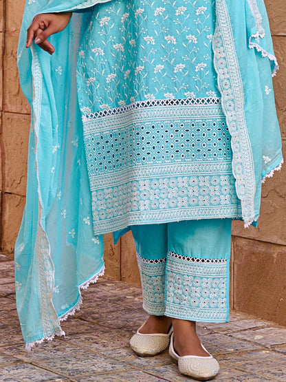 Floral Embroidered Thread Work Pure Cotton Straight Kurta With Trousers & Dupatta