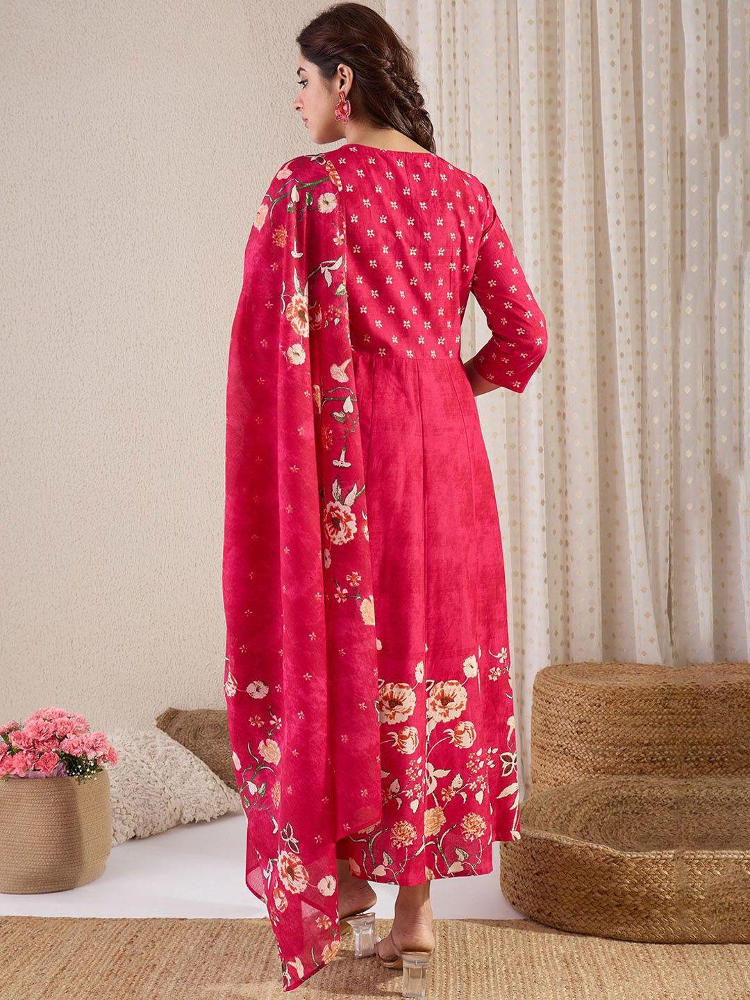 Floral Printed Pure Cotton A-Line Kurta With Trousers & Dupatta
