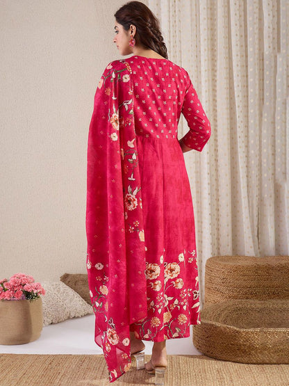 Floral Printed Pure Cotton A-Line Kurta With Trousers & Dupatta