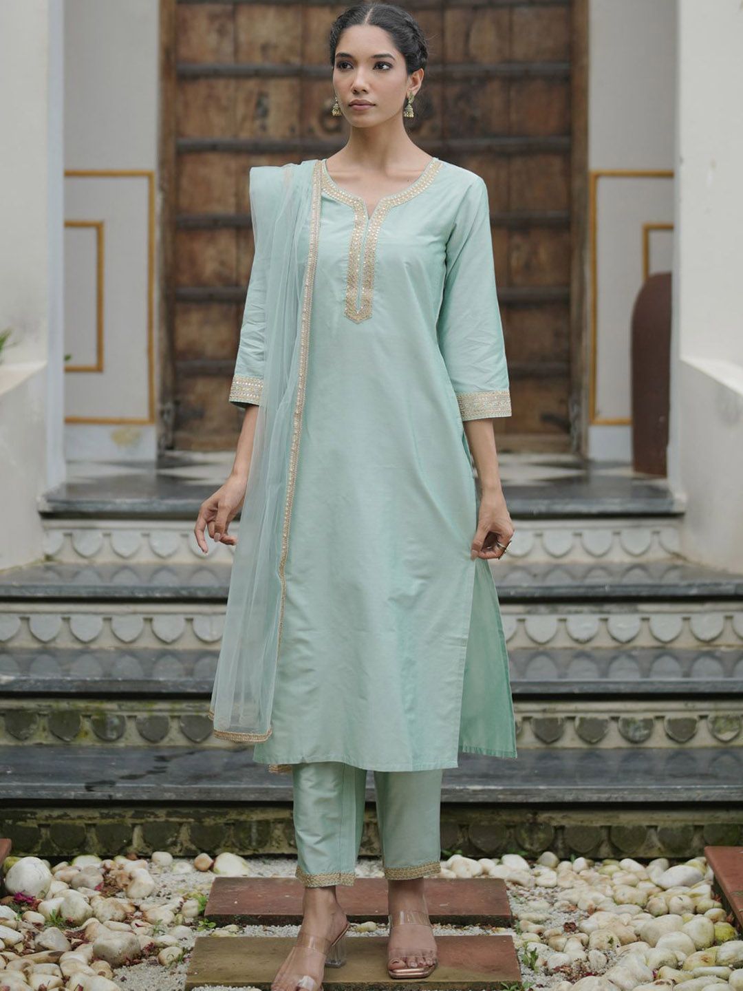 Women Embroidered Regular Kurta with Trousers & With Dupatta
