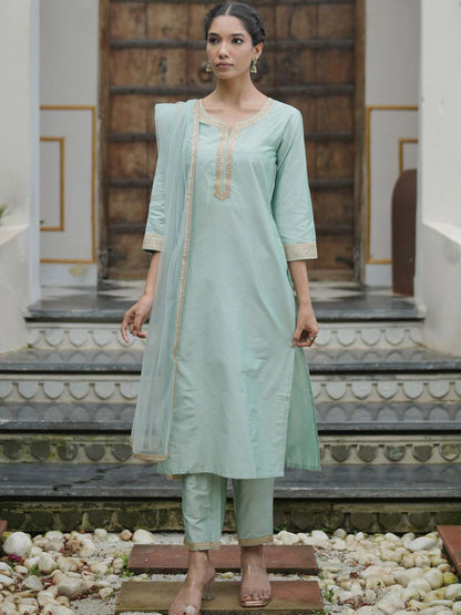 Women Embroidered Regular Kurta with Trousers & With Dupatta