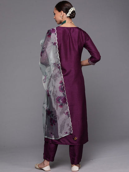 Floral Yoke Design Kurta With Trousers & Dupatta