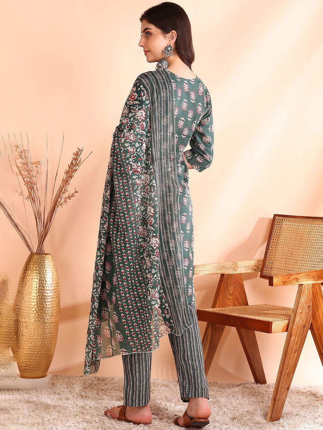 Dhiyona OD  Printed Mirror Work Pure Cotton Kurta With Trousers & Dupatta
