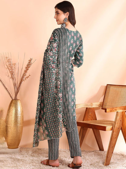 Dhiyona OD  Printed Mirror Work Pure Cotton Kurta With Trousers & Dupatta