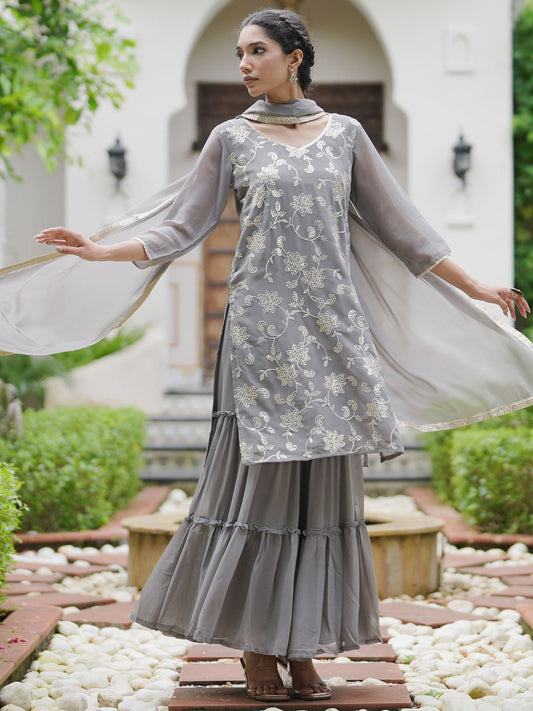 Dhiyona IE Floral Embroidered Kurta With Sharara & Dupatta