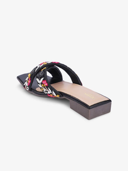 Dhiyona AK Black & Pink Embroidered Open Toe Flats