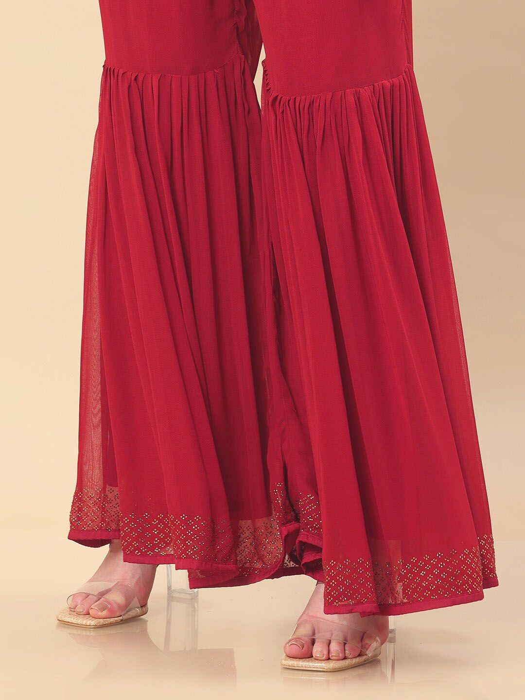Dhiyona SO Women's Women Red Floral Embroidered Beads and Stones Kurta with Sharara & Dupatta