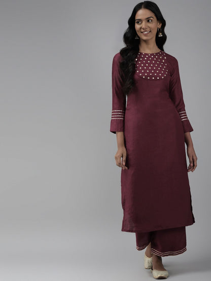 Dhiyona IE Women Maroon Yoke Design Regular Mirror Work Kurta with Palazzos