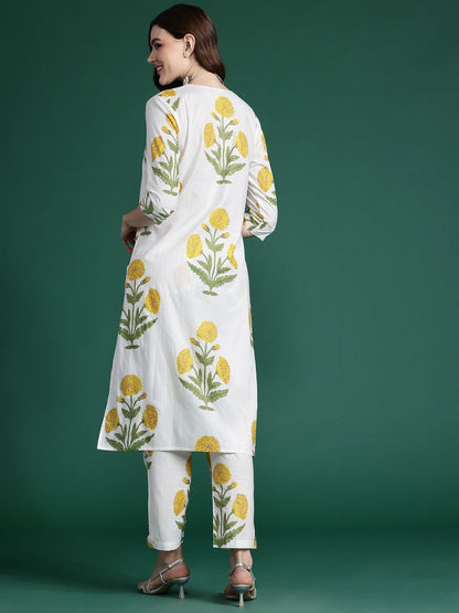 Dhiyona IE Floral Printed Pleated Pure Cotton Kurta with Trousers
