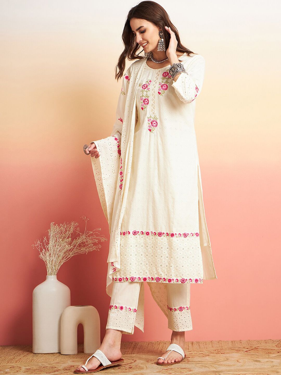 Dhiyona SN Women's Pure Cotton Floral Embroidered Straight Kurta With Trousers & Dupatta