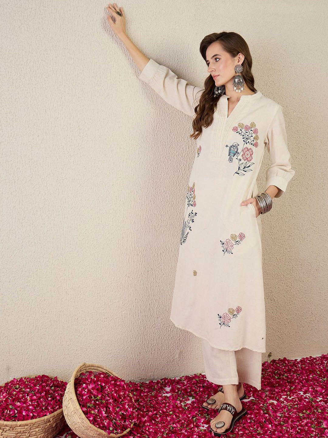 Dhiyona IE Embroidered Cotton Mandarin Collar Neck Top With Palazzos Co-Ords