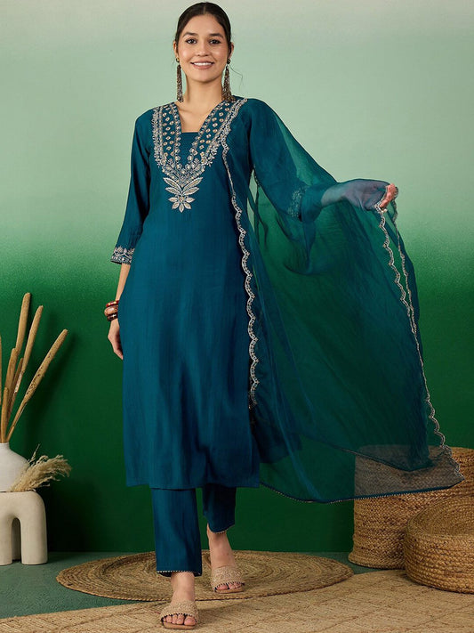 Dhiyona SN Women's Teal Green Floral Embroidered V-Neck Straight Kurta With Trouser & Dupatta