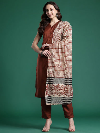Solid Regular Kurta with Trousers & Dupatta