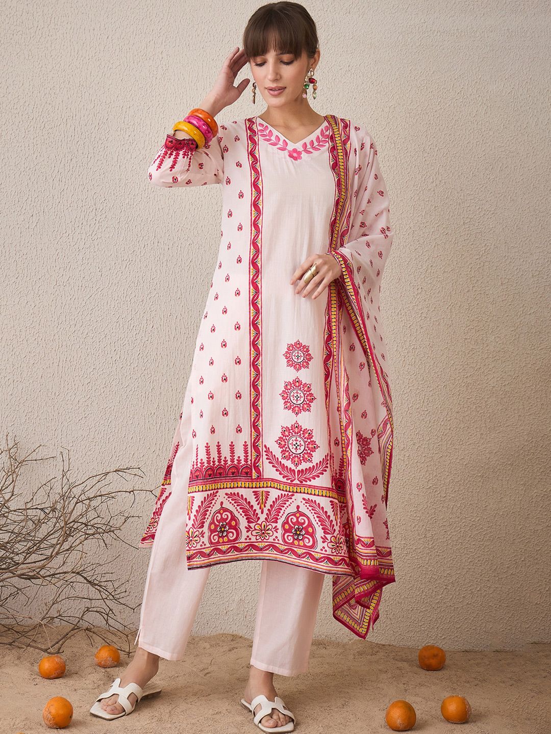 Dhiyona IE Floral Printed V-Neck Pure Cotton Straight Kurta With Trousers & Dupatta