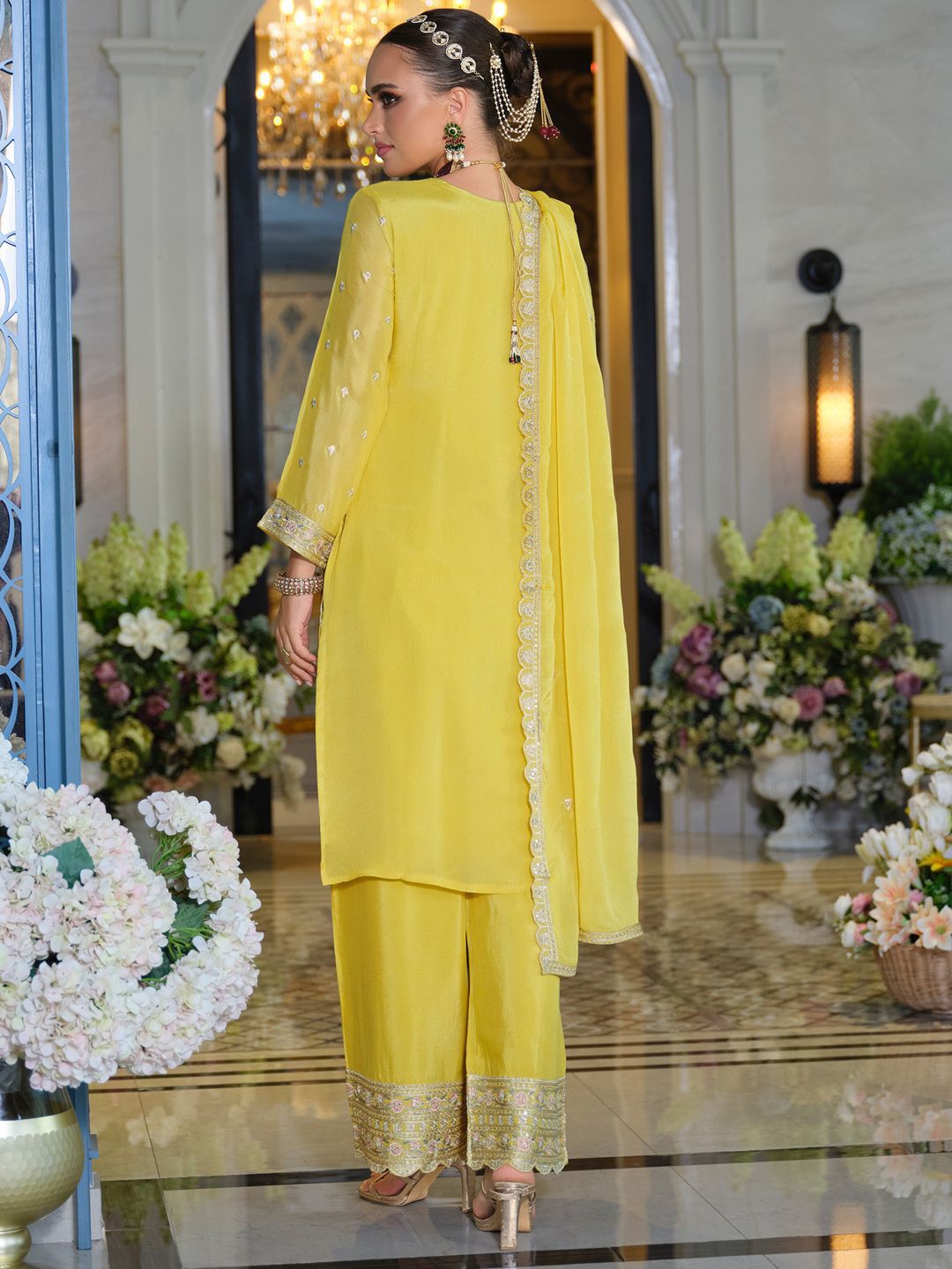 Adults-Women Woven Design Embroidered Kurta with Palazzos & Dupatta