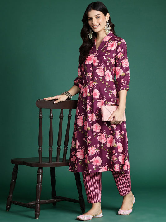 Dhiyona IE Women Floral Printed Regular Pure Cotton Kurta with Trousers