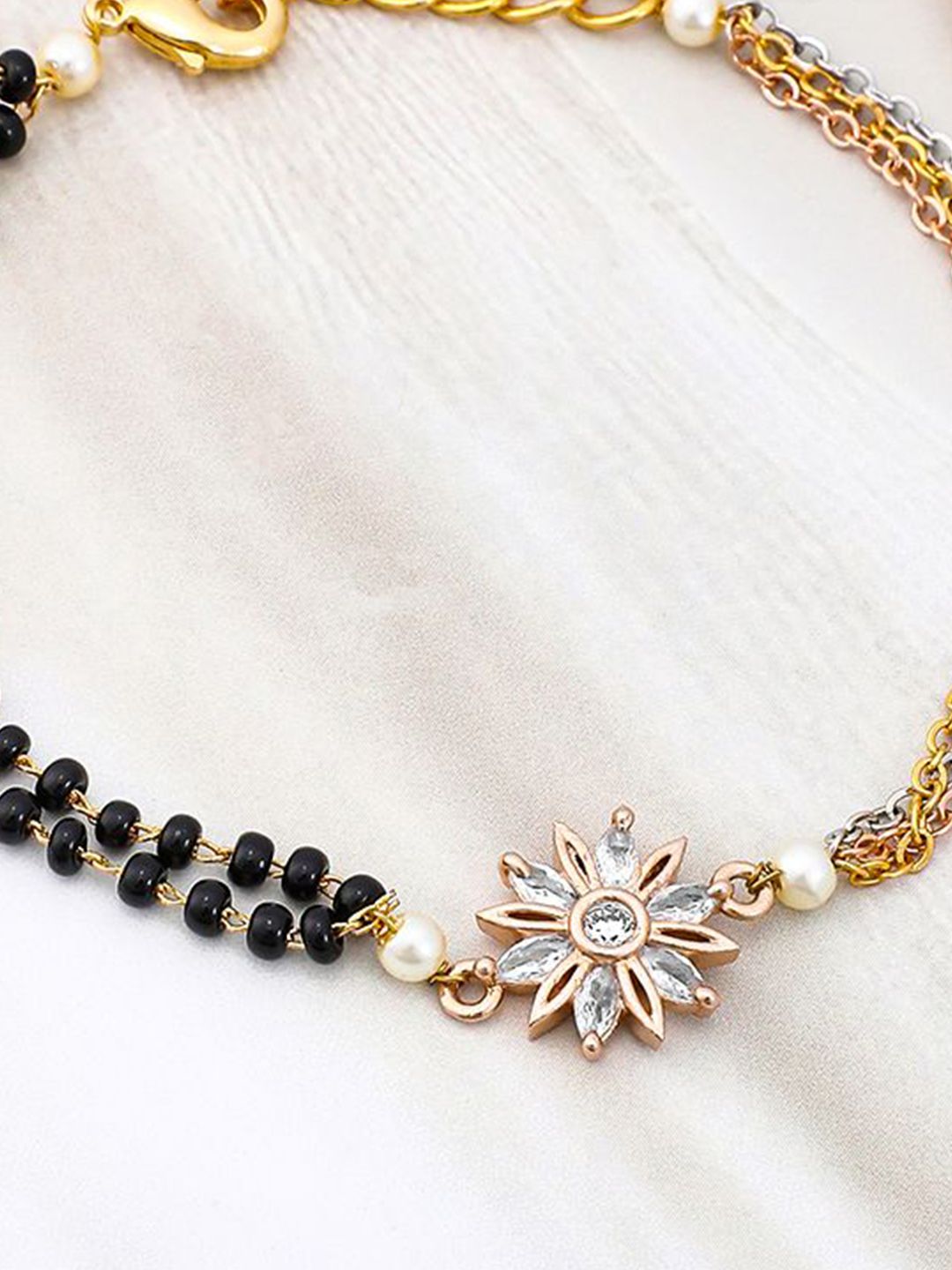 Dhiyona RJ Women's Triple Tone-Plated Mangalsutra Bracelet with Floral Cubic Zirconia Charm