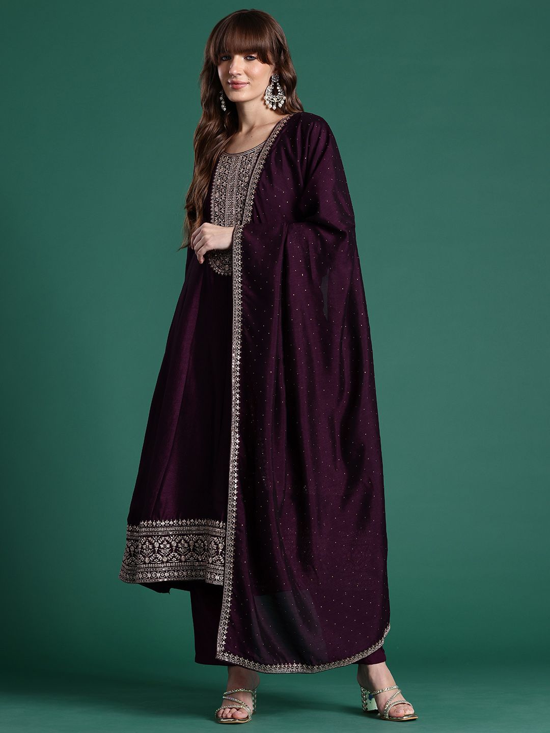 Ethnic Motifs Embroidered Sequinned Kurta With Trousers & Dupatta