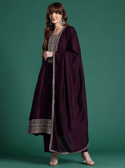 Ethnic Motifs Embroidered Sequinned Kurta With Trousers & Dupatta